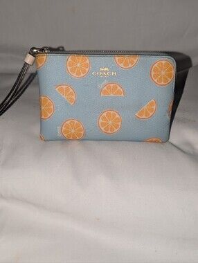 Coach Corner Zip Light Blue Citrus Print Wristlet